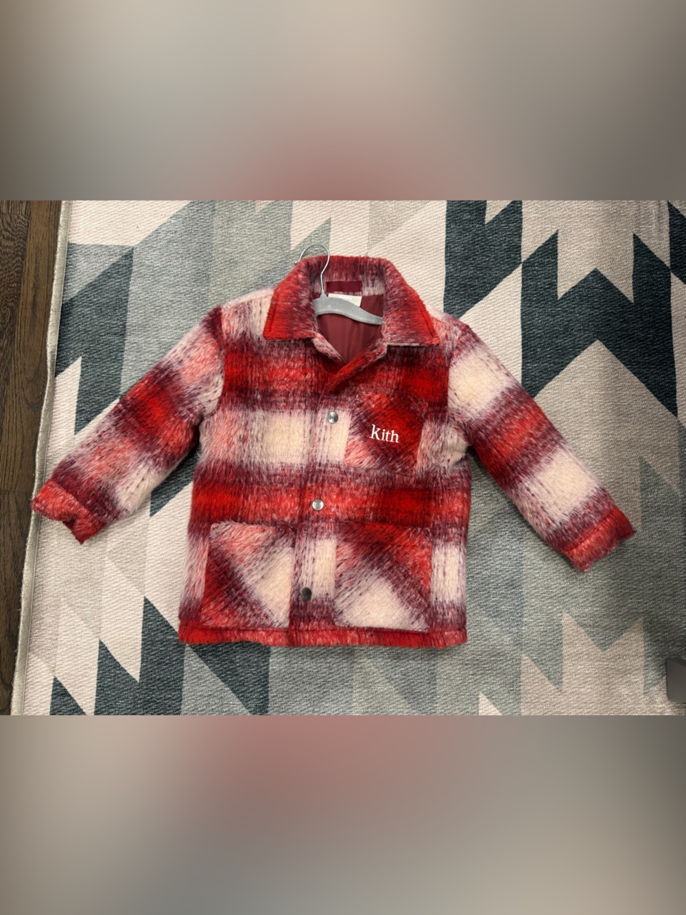 Kith Kids Red and White Plaid Fuzzy Coat